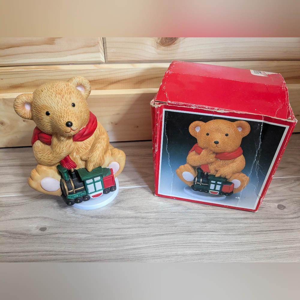 Vintage Christmas musical ceramic teddy bear seasonal holiday decor collectible